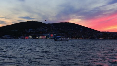 Evening sea view near the coast of Turkey. Orange sunset light.