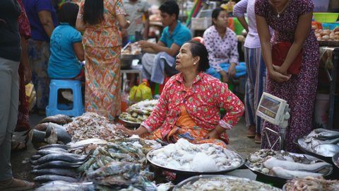 YANGON, MYANMAR - 1TH FEBRUARY, 2019: Street market in the Yangon, Myanmar, Asia.