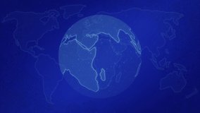 Animation of globe and light trails with world map on blue background. global business and digital interface concept digitally generated video.
