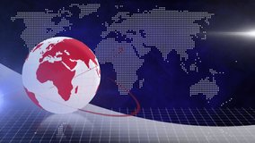 Animation of globe with world map and light trails on blue background. global business and digital interface concept digitally generated video.