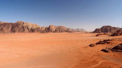 Panoramic landscape of Wadi rum the valley of the moon in the Jordan desert, middle east travel destination, natural landscape canyon and rock mountains formation