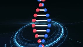 Animation of dna strand over globe. global connections, technology, data processing and digital interface concept digitally generated video.