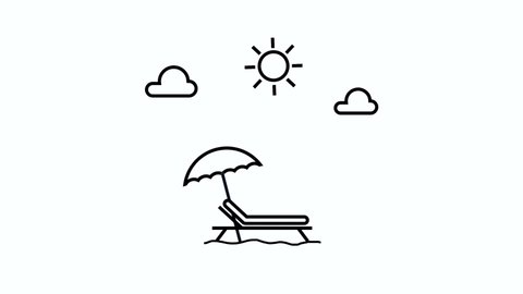 Sun bed isolated on white background. Holiday doodle animation. Umbrella and sun lounger line icon, beach bed sign graphics, a linear icon on a white background. Black outline beach bed 