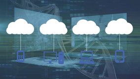 Animation of clouds with media icons over digital screens and dna strand. global business, finances, connections and digital interface concept digitally generated video. - Powered by Shutterstock - Get 15% off with code: PIKWIZARD15