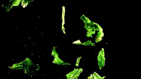 Fresh pieces of lettuce fly up and fall down. On a black background. Filmed is slow motion 1000 fps. High quality FullHD footage