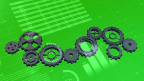 Animation of gears rotating over graphs on green background. global business, finance, digital interface and technology concept digitally generated video.