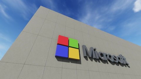 Microsoft logo on the wall, Editorial use only, 3D animation, time lapse