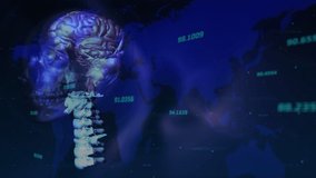 Animation of world map and numbers over rotating brain on dark blue background. global business, finance, science, digital interface and technology concept digitally generated video. - Powered by Shutterstock - Get 15% off with code: PIKWIZARD15
