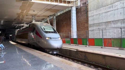 Rabat, Morocco - January 13, 2022; Al-Boraq train passing by the main railway station of Rabat
