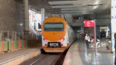 Rabat, Morocco - January 13, 2022; ONCF train leaving Rabat Ville railway station