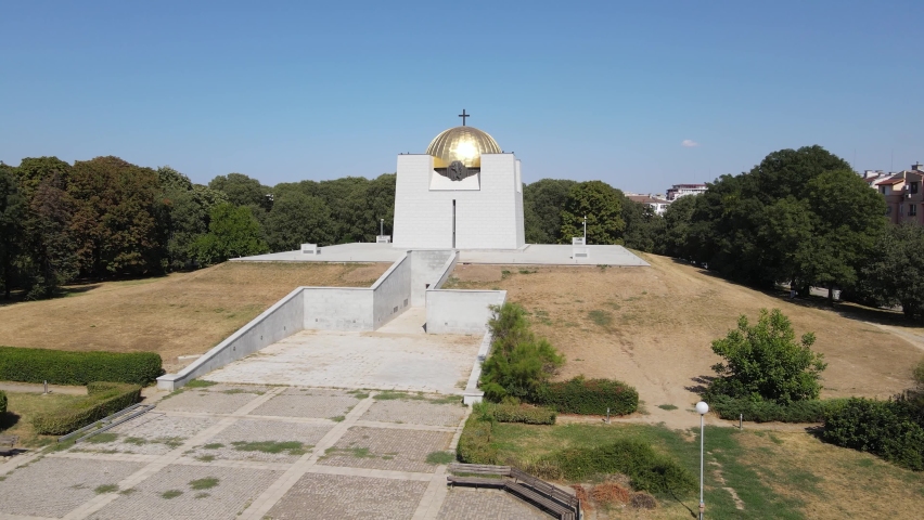 Aerial view of Pantheon of National Revival Heroes in City of Ruse and Danube River, Bulgaria
