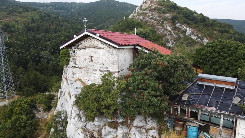 Aerial view of Saint Demetrius of Thessaloniki church near Asenovgrad, Plovdiv Region, Bulgaria