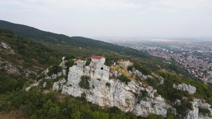 Aerial view of Saint Demetrius of Thessaloniki church near Asenovgrad, Plovdiv Region, Bulgaria