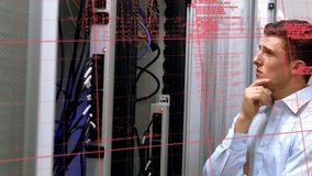 Animation of data processing over caucasian man in server room. global data processing, computing and digital interface concept digitally generated video.