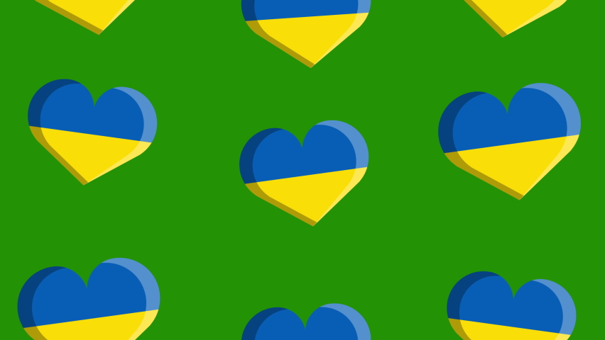 Ukrainian hearts on a green background animation.4K motion animation.