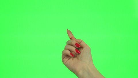 Girl Beckoning with Finger on Green Screen, Green Background, Alpha Channel, Chroma Key. Woman with Red Manicure Calling with Finger Hand, Human Gestures, Gesturing.