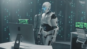 Artificial intelligence. Robots. Couple of cyborgs programming code hacking software working together at data center. Server racks. Server room. - Powered by Shutterstock - Get 15% off with code: PIKWIZARD15