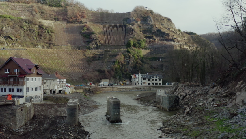Bridges and houses in Ahr valley after flood, Dernau, Germany | Shutterstock HD Video #1087754843