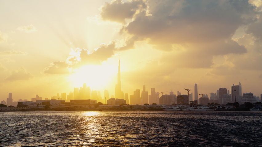Vibrant panoramic view of Dubai Business bay at evening