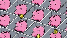 Piggybank cartoon cubicles farm. Falling coins loop. Good as metaphor of saving money or bank.