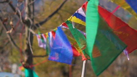 Slow motion shot of colorful Buddhist prayer flags in front of mountains at Manali, Himachal Pradesh, India. Buddhist flags waving in the air at Manali. 