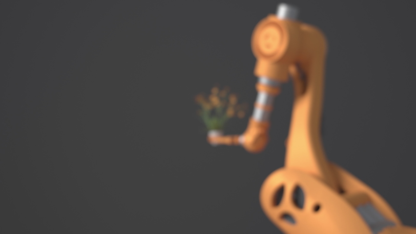 An orange robot holds a pot with a flower. Blurry gray background. The concept of the future protection of the green planet. Nature conservation. Royalty-Free Stock Footage #1087759526