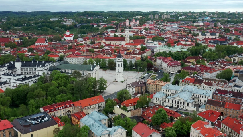 Vilnius Cathedral And Its Bell Tower - Roman Catholic Cathedral In Vilnius Old Town, Lithuania. - aerial Royalty-Free Stock Footage #1087763483