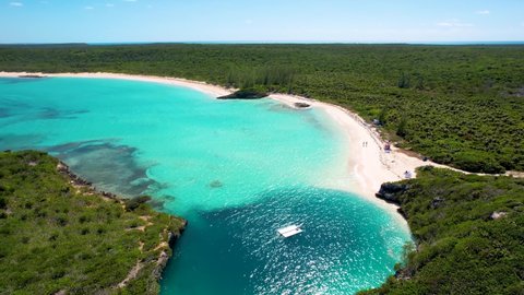Panoramic aerial view to Dean's blue hole with the connecting lagoon and beautiful beach with turquoise sea, Long Island, Bahamas
