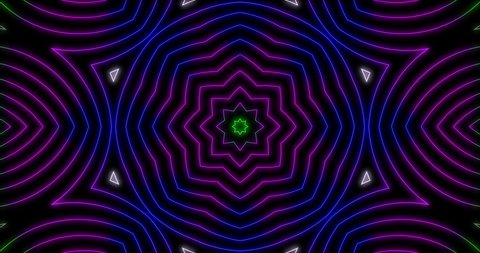 A morphing kaleidoscope pattern with colorful neon, glowing lines over a black background.