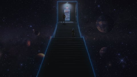 Couple Standing Stairway Deep Space Door Open Earth Sky. People standing on a stairway in space looking to a door opened to a blue sky on earth.