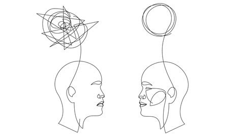 Self drawing animation of one continuous line two human heads with opposite thinking. The concept of chaos and order in thoughts.