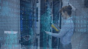 Animation of moving clock and binary coding over caucasian woman in server room. global connections, technology, data processing and digital interface concept digitally generated video. - Powered by Shutterstock - Get 15% off with code: PIKWIZARD15