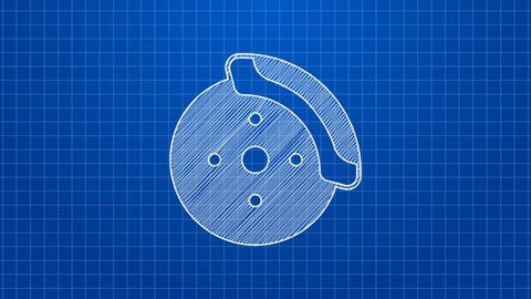 White line Car brake disk with caliper icon isolated on blue background. 4K Video motion graphic animation.