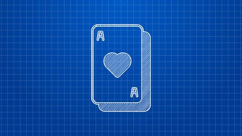 White line Playing cards icon isolated on blue background. Casino gambling. 4K Video motion graphic animation.