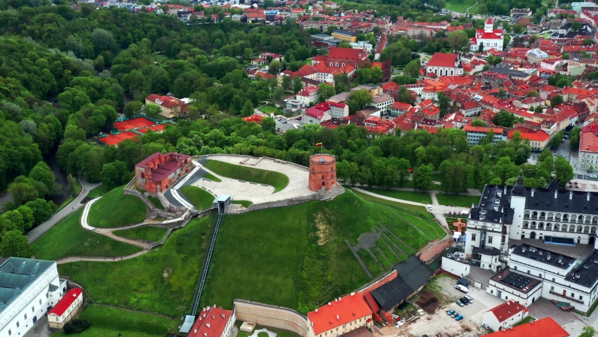 Aerial View of Gediminas Tower, Upper Castle, And Palace of the Grand Dukes of Lithuania In Vilnius. Royalty-Free Stock Footage #1087779854