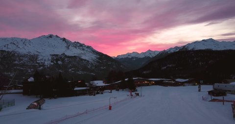 Karellis-Savoie-France - 22.02.2022 - Aerial view of a ski resort at sunrise in Savoie - French Alps