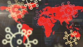 Animation of falling multiple covid 19 cells over world map on black background. global covid 19 pandemic concept digitally generated video. - Powered by Shutterstock - Get 15% off with code: PIKWIZARD15