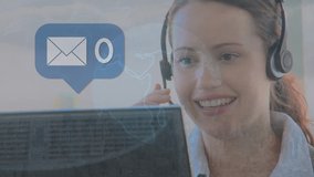 Animation of globe over business woman using phone headset. global connections, business, digital interface, technology and networking concept digitally generated video.
