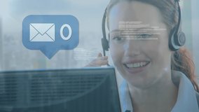 Animation of clock and massage icon over business woman using phone headset. global connections, business, digital interface, technology and networking concept digitally generated video.