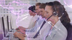 Animation of globe over business people using phone headsets. global connections, business, digital interface, technology and networking concept digitally generated video.
