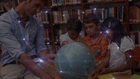 Animation of networks of connections over diverse male teacher and schoolchildren reading globe. global education, learning and connections concept digitally generated video.