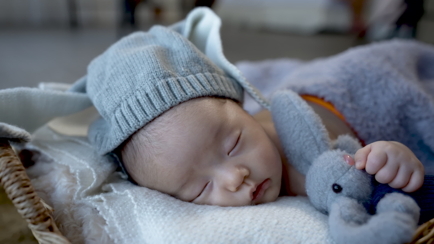 4k, Cute Asian newborn baby. wearing a blue rabbit Sleep well. By hugging the rabbit doll. lying in a wicker basket	