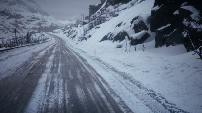 A militarised atmosphere with tanks in winter conditions. A winter mountain military road covered with snow. The animation is perfect for backgrounds about war, military vehicles and militarism