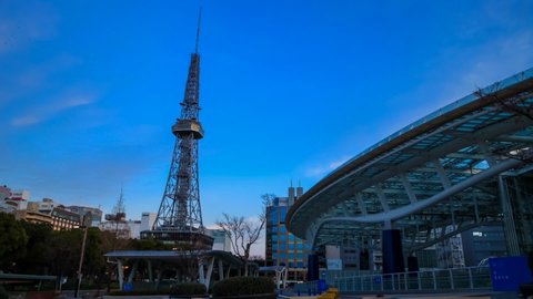 NAGOYA, JAPAN - January 7, 2018: Cityscape of Nagoya with Nagoya TV Tower and  The Oasis 21 complex,  in Sakae, the center of Nagoya City, Japan