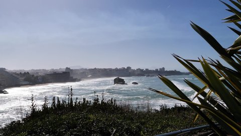 Famous Biarritz beach with ocean waves