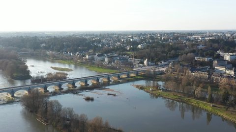 France, Tours city, drone aerial view above Wilson bridge and Loire river.