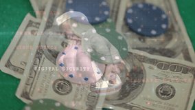 Animation of changing numbers and cyber crime alert over hand, dollar banknotes and tokens. global finance security and gamble concept digitally generated video. - Powered by Shutterstock - Get 15% off with code: PIKWIZARD15