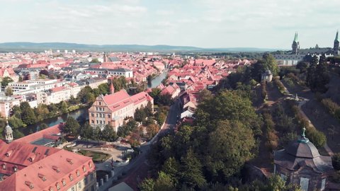 Bamberg Michaelsberg Abbey in summer season, Germany. View from drone in slow motion