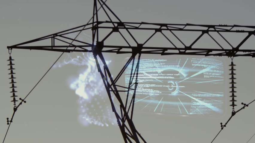 Animation of data processing and moving shapes over landscape with electricity pylons. global connections, technology, data processing and digital interface concept digitally generated video. - Powered by Shutterstock - Get 15% off with code: PIKWIZARD15