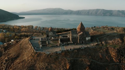 Gegharkunik Province, Armenia, October 16, 2021 - Aerial drone view of Sevanavank monastic complex on a peninsula at the northwestern shore of Lake Sevan
